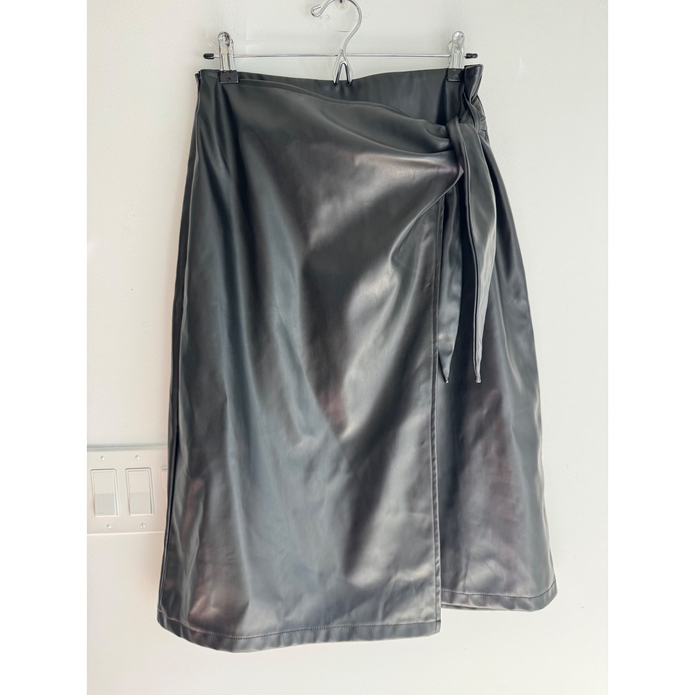 Grace Karin Black Faux Leather Wrap Midi Skirt Tie Front Size L NEW